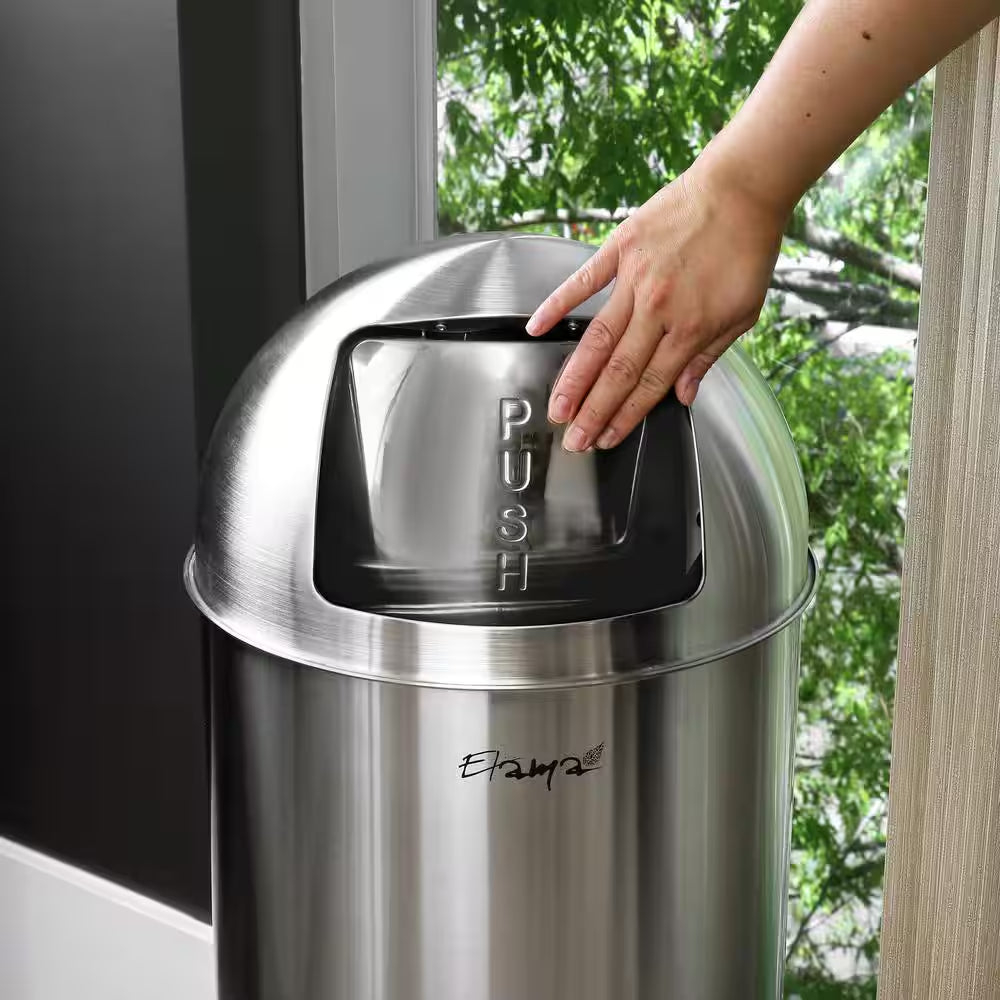 50 Liter Large 13 Gallon Push Lid Stainless Steel Cylindrical Home and Kitchen Trash Bin in Matte Silver