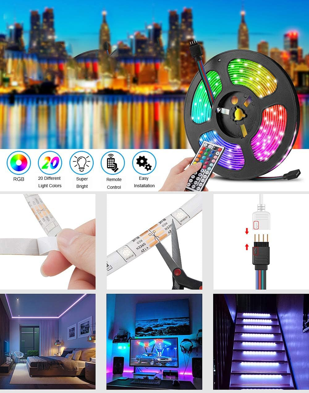 20 Ft LED Lights for Bedroom,Upgraded Led Strip Lights from 16.4Ft to 20Ft with Remote Color Changing LED Strip Lights(App+Ir Remote+Mic+Music Sync)