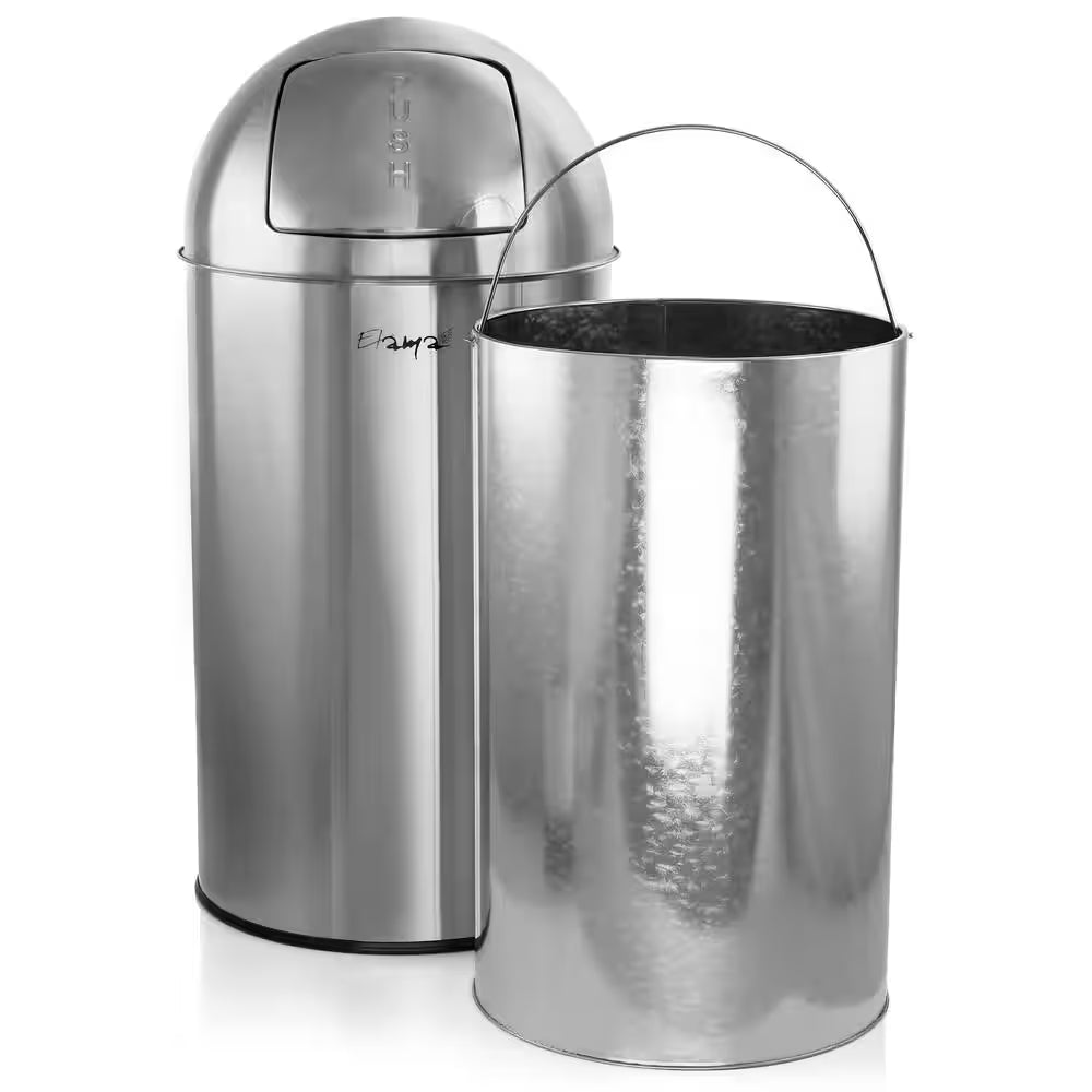 50 Liter Large 13 Gallon Push Lid Stainless Steel Cylindrical Home and Kitchen Trash Bin in Matte Silver