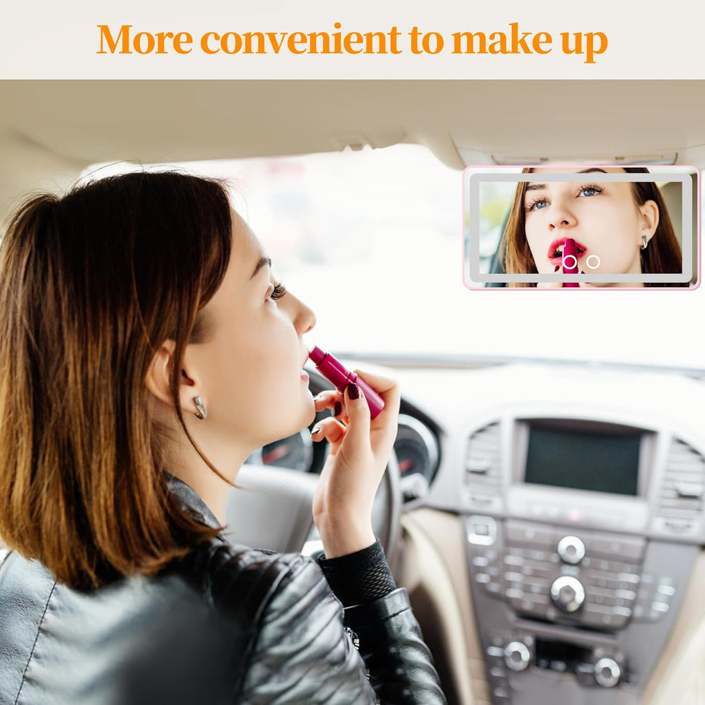 Car Sun Visor Vanity Mirror with Lights, Pink Rechargeable Car Makeup Mirror Accessories, Birthday Gifts for Women Girl, 3 Light Modes, Dimmable Touch Led Screen, Universal for Car Truck