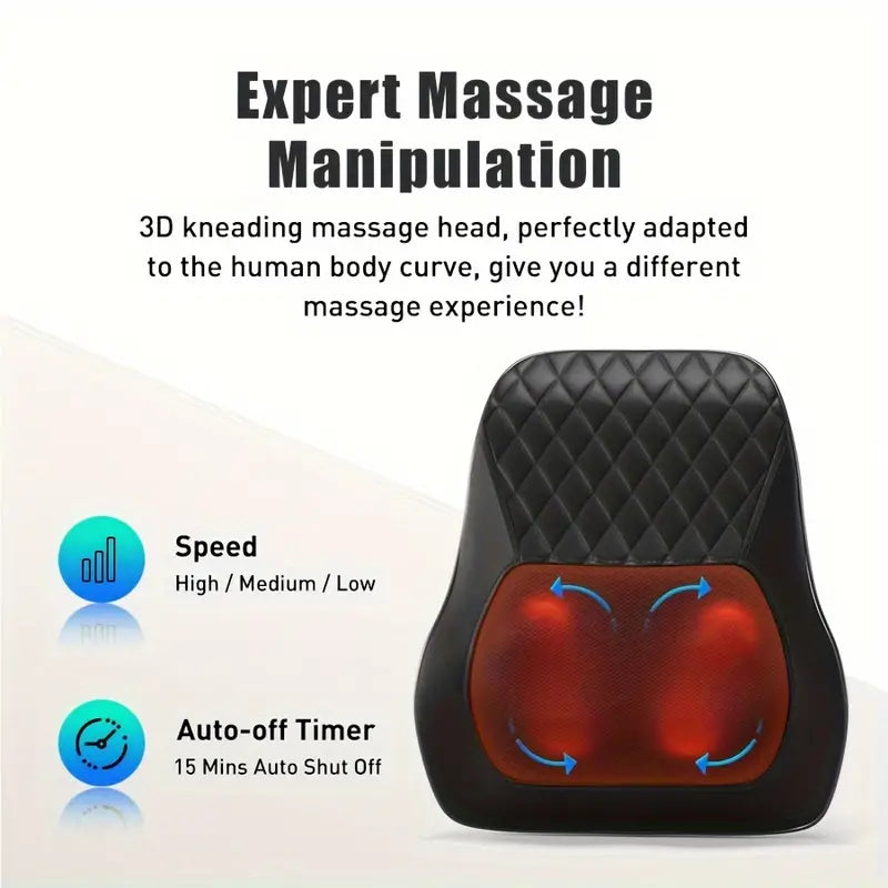 Cordless 3D Kneading Massage Pillow With Heat - Rechargeable Back Massager
