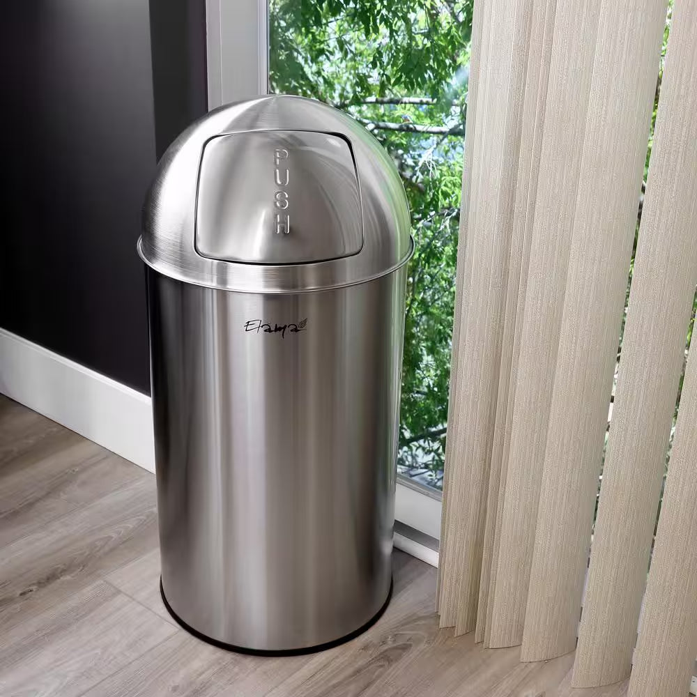 50 Liter Large 13 Gallon Push Lid Stainless Steel Cylindrical Home and Kitchen Trash Bin in Matte Silver