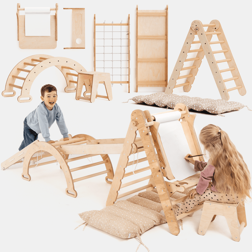 7in1 Montessori Klettergerüst Set: Kletterdreieck, Kletterbogen mit Kissen, Rutsche, Kletternetz, Maltafel und Kinderstuhl, für Kinder 1-7 Jahre – Beige