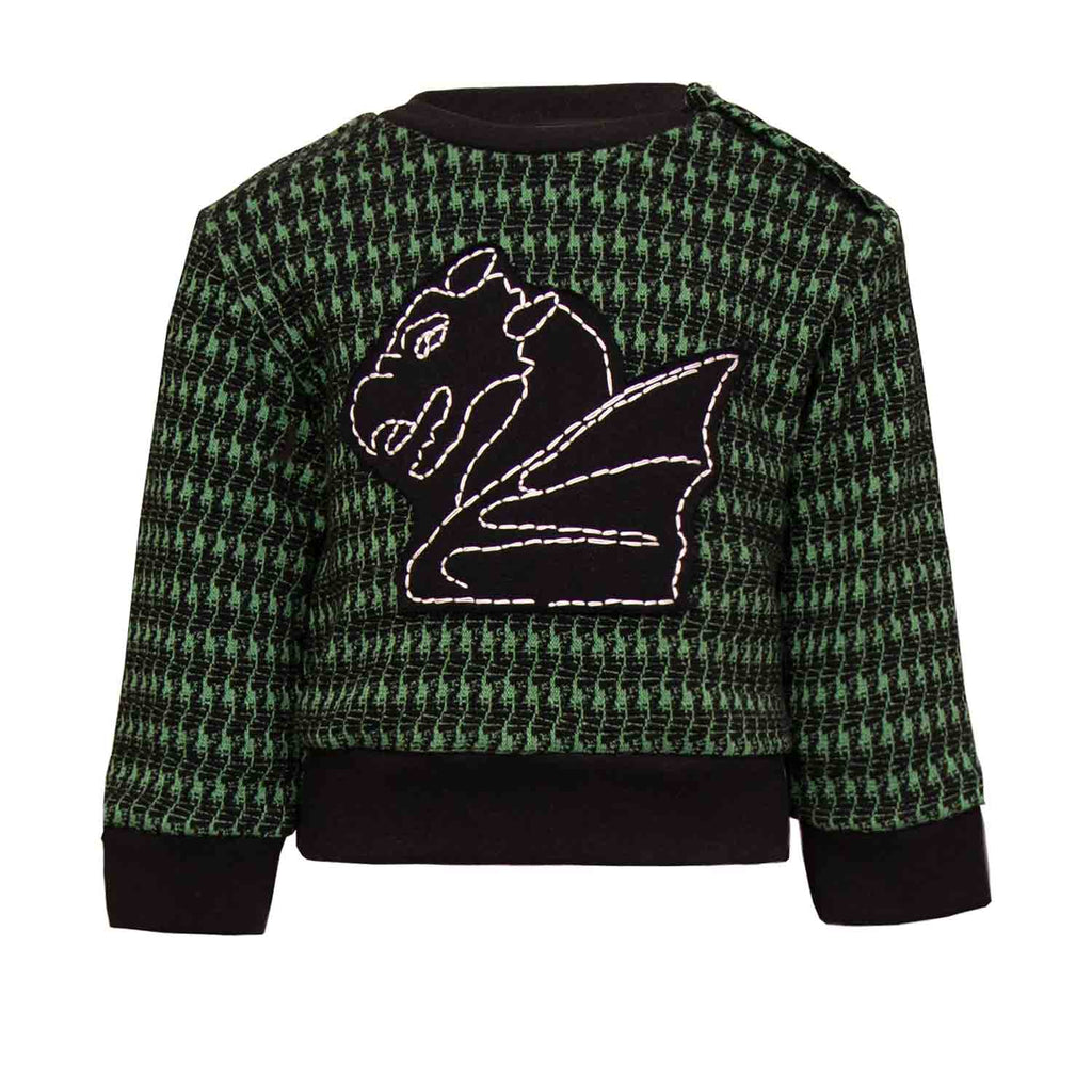 Black and green pied de poule Baby Sweatshirt with Dragon Appliqué