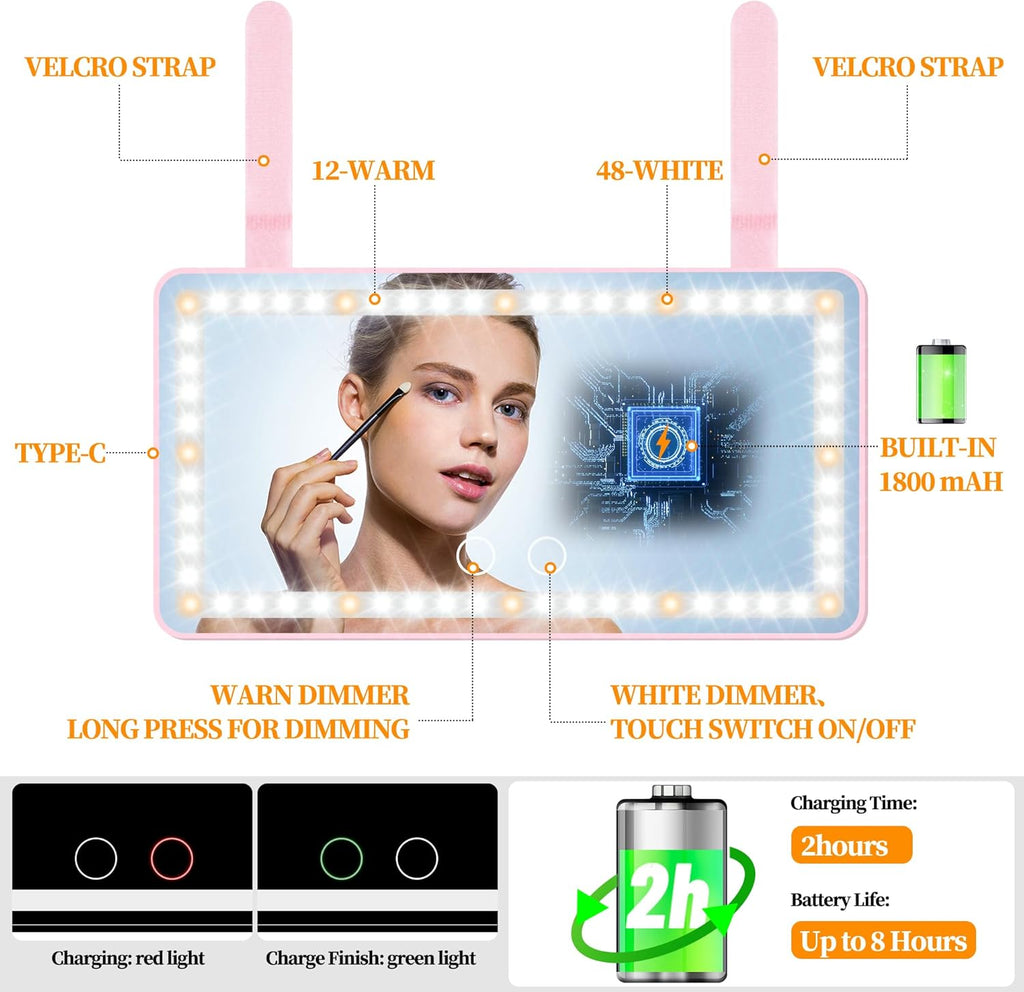 Car Sun Visor Vanity Mirror with Lights, Pink Rechargeable Car Makeup Mirror Accessories, Birthday Gifts for Women Girl, 3 Light Modes, Dimmable Touch Led Screen, Universal for Car Truck