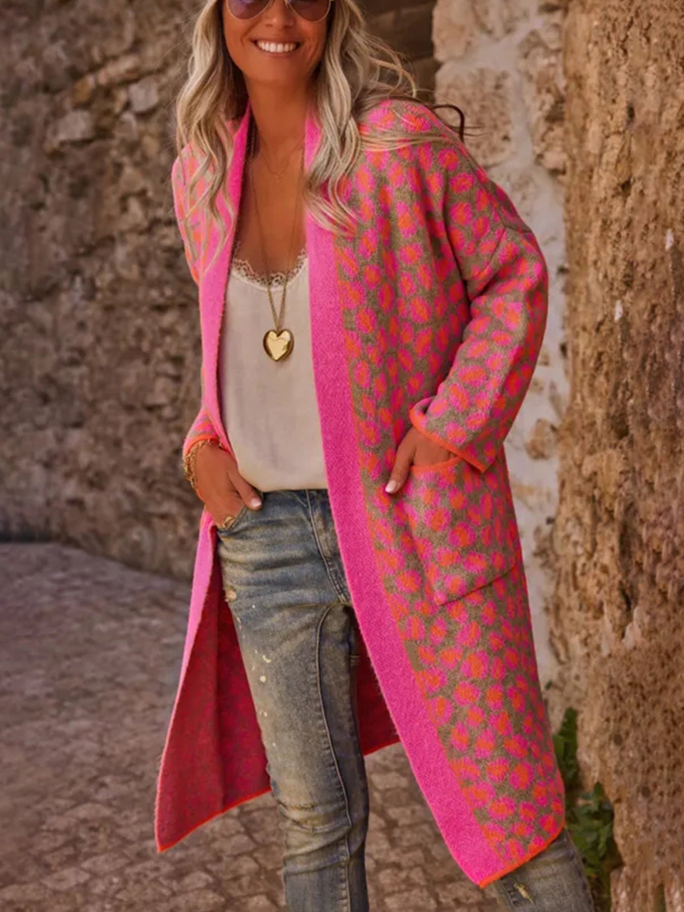 Contrast Color Leopard Print Long Knitwear Fashion Retro Pocket Sweater Women's Coat