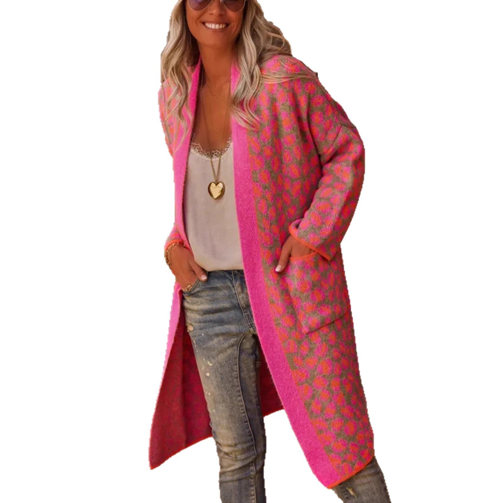 Contrast Color Leopard Print Long Knitwear Fashion Retro Pocket Sweater Women's Coat